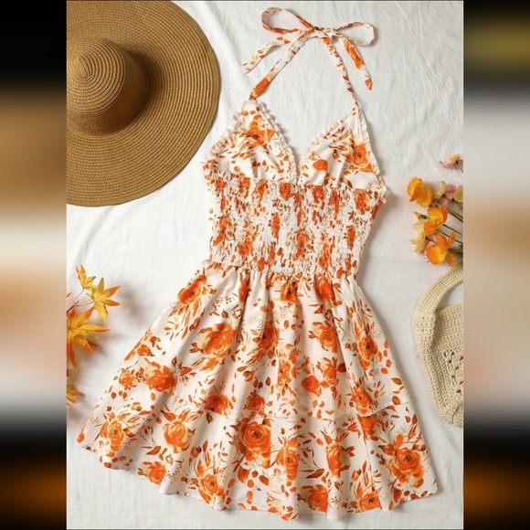 NEW! Floral Halter Dress with Orange Roses Size Large! - Picture 2 of 2